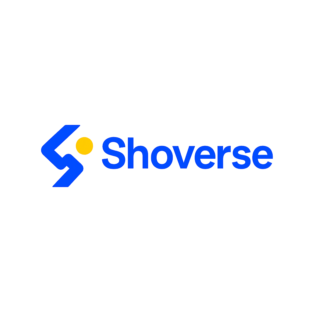 A collage of abstract shapes and UI elements representing the Shoverse platform.